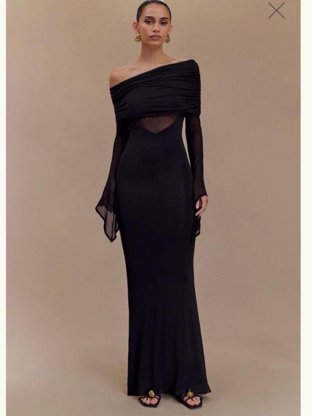 NWT Meshki Kaitlin One Shoulder Slinky And Mesh Maxi Dress Black